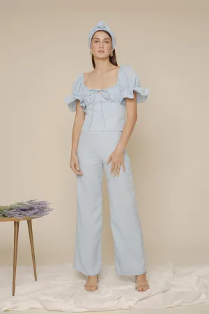 FLOR PANTS SET Puff Sleeve Top with Frill and Drawstring Detail and High Waist Culottes (Light Blue Chambray)