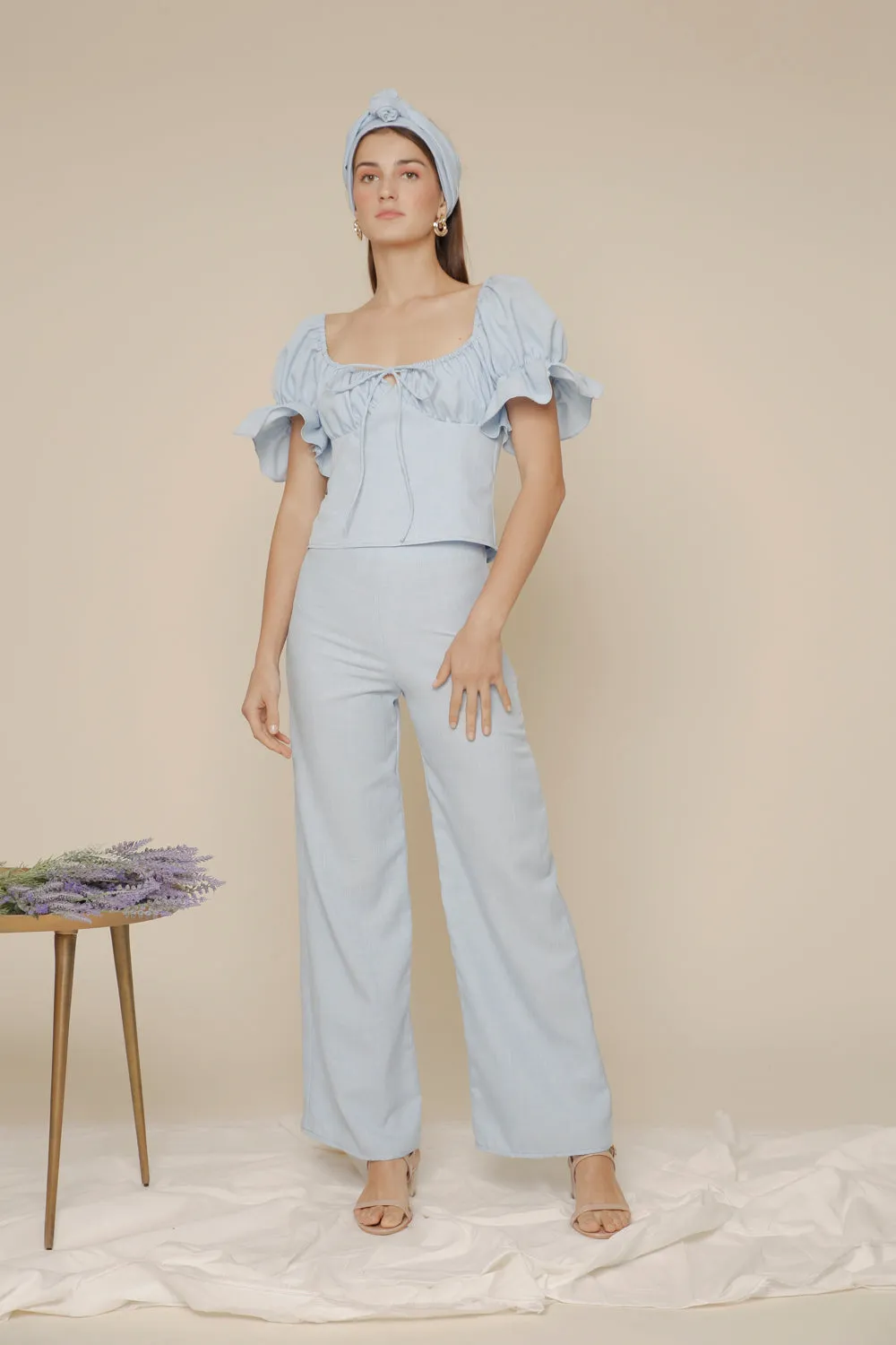 FLOR PANTS SET Puff Sleeve Top with Frill and Drawstring Detail and High Waist Culottes (Light Blue Chambray)