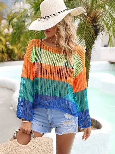 Gemma Color Block Openwork Boat Neck Cover Up