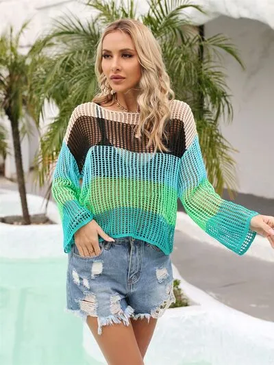Gemma Color Block Openwork Boat Neck Cover Up