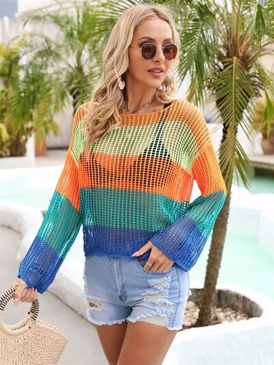 Gemma Color Block Openwork Boat Neck Cover Up