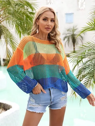Gemma Color Block Openwork Boat Neck Cover Up