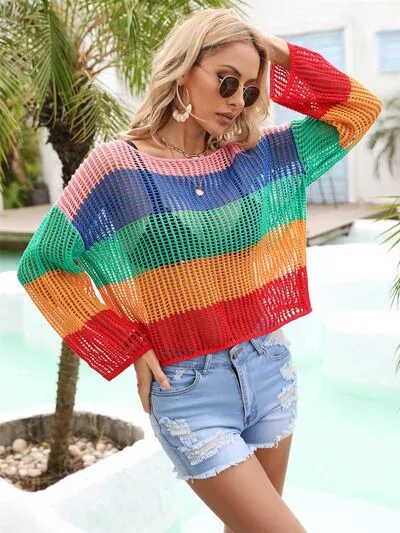 Gemma Color Block Openwork Boat Neck Cover Up