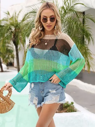 Gemma Color Block Openwork Boat Neck Cover Up