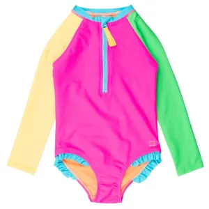 Girls Neon Color Block Long Sleeve Rash Guard One Piece