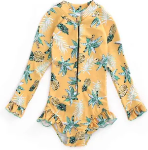 Girls Rashguard Bathing Suit Long Sleeve One Piece Swimsuit Zipper Kids Beach Swimwear UPF50