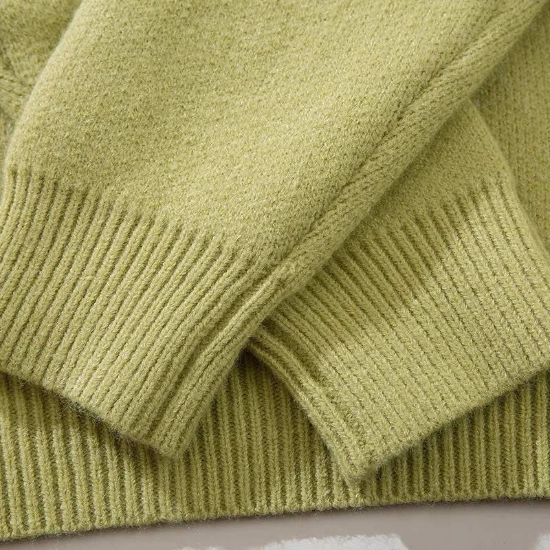 Green Sweater Vintage Round Neck Fashion Long Sleeve Casual Warm Simple Design High Street Trendy