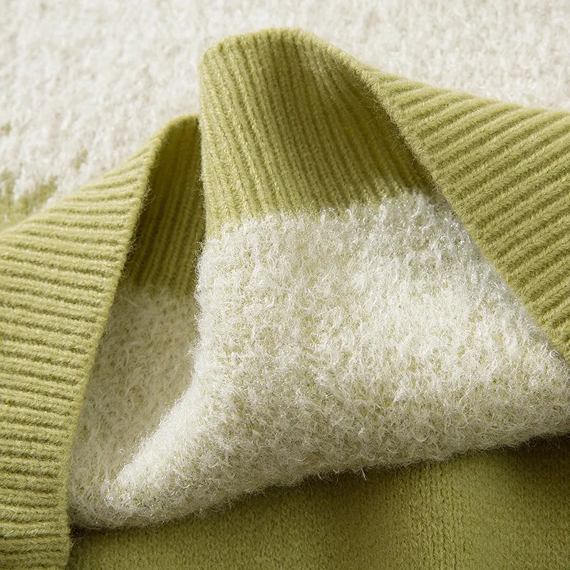 Green Sweater Vintage Round Neck Fashion Long Sleeve Casual Warm Simple Design High Street Trendy