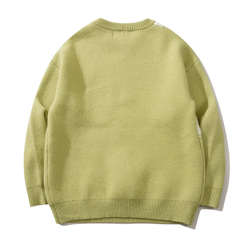 Green Sweater Vintage Round Neck Fashion Long Sleeve Casual Warm Simple Design High Street Trendy