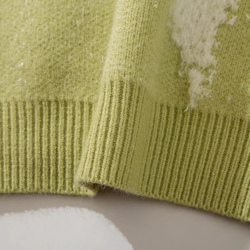 Green Sweater Vintage Round Neck Fashion Long Sleeve Casual Warm Simple Design High Street Trendy