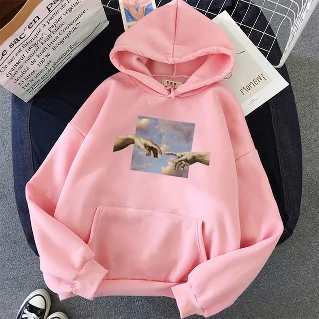 Hands print Oversized Womens hoodie Kawaii Loose Streetwear Sweatshirts Women Hooded Simple Pullovers Korean Style Warm
