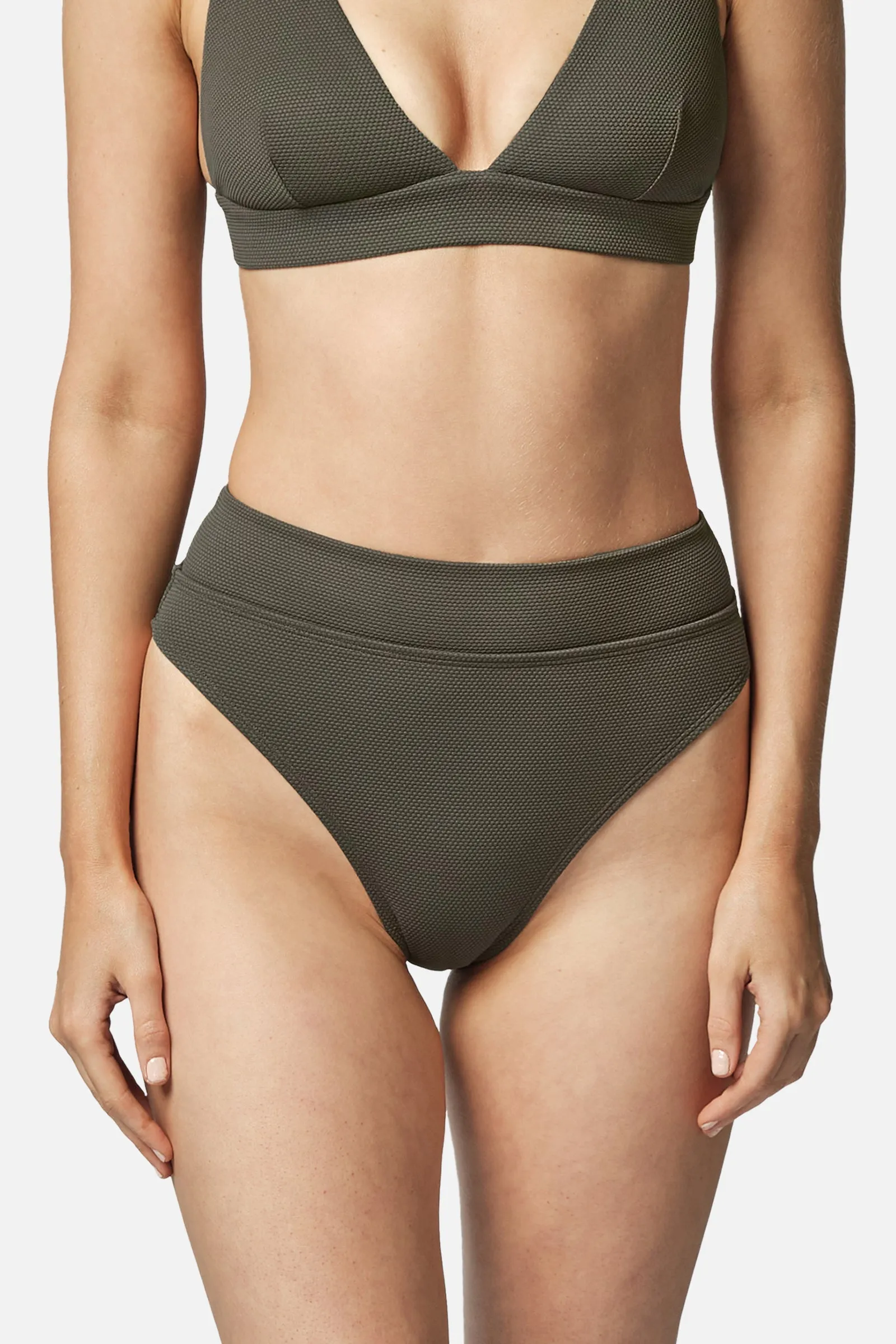 High-Cut High-Waisted Bikini Bottom KHAKI TEXTURE