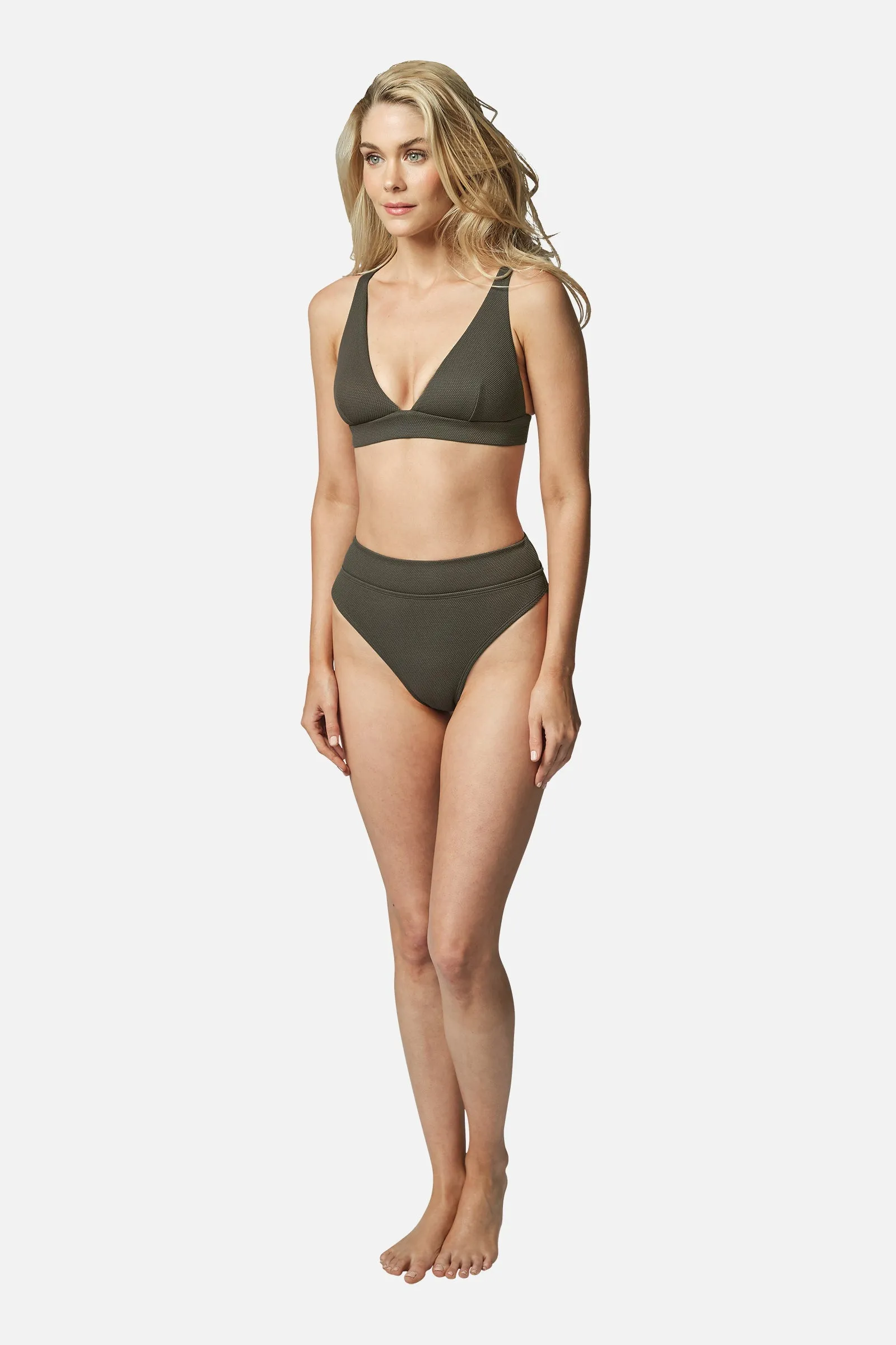 High-Cut High-Waisted Bikini Bottom KHAKI TEXTURE