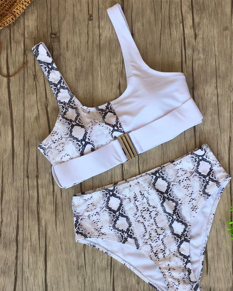 High-waisted Leopard Stitched Colored Bikini Swimwear
