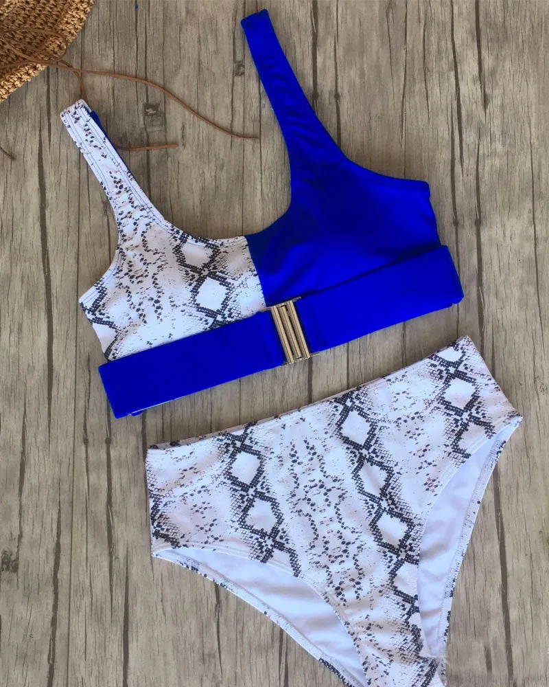 High-waisted Leopard Stitched Colored Bikini Swimwear