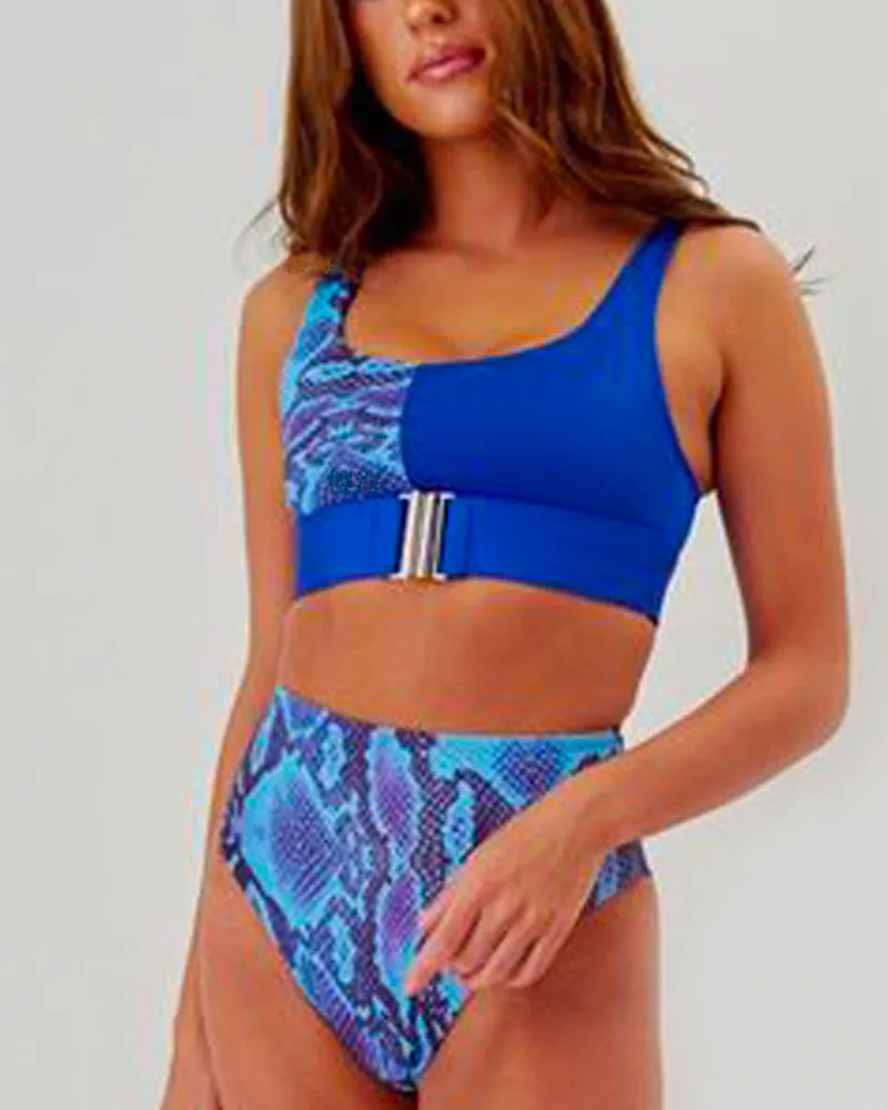 High-waisted Leopard Stitched Colored Bikini Swimwear