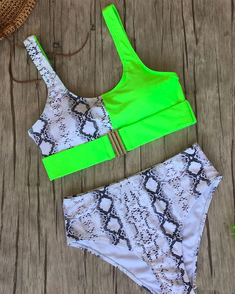 High-waisted Leopard Stitched Colored Bikini Swimwear