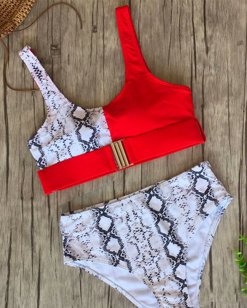 High-waisted Leopard Stitched Colored Bikini Swimwear