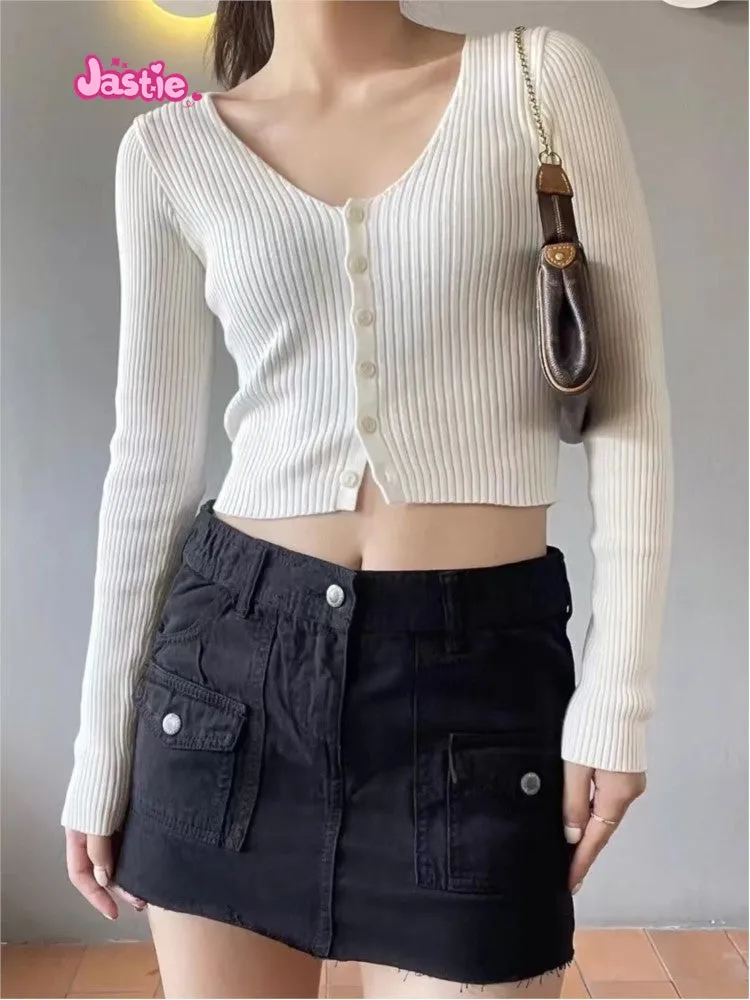 JazzHer Beige Pit Stripe Knitting Long Sleeve Coats Top Woman Solid Color Simple Sweet Auutmn Winter Jacket V-neck Tight Short Sweater