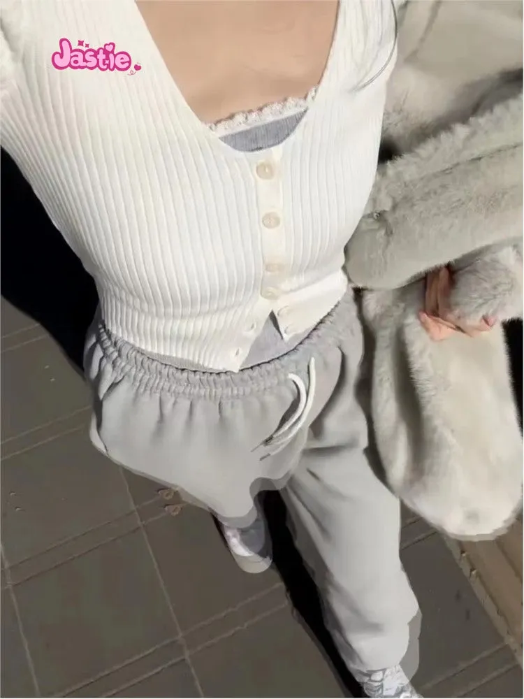 JazzHer Beige Pit Stripe Knitting Long Sleeve Coats Top Woman Solid Color Simple Sweet Auutmn Winter Jacket V-neck Tight Short Sweater