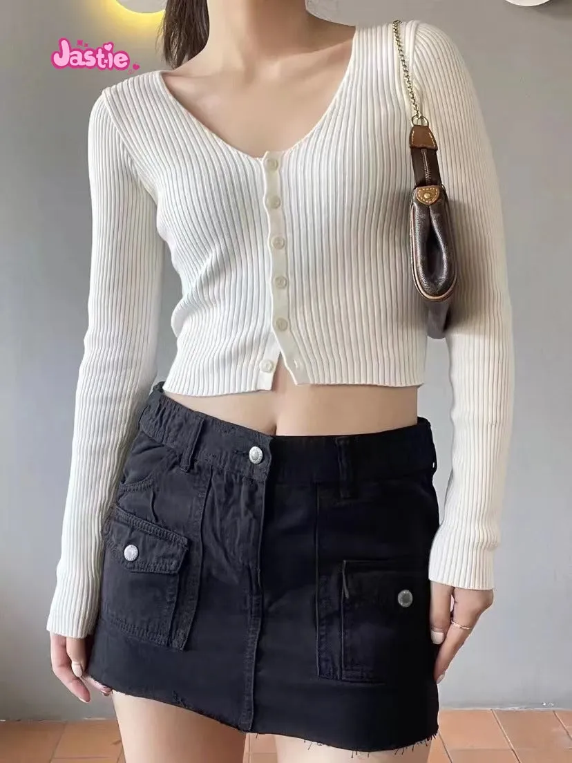 JazzHer Beige Pit Stripe Knitting Long Sleeve Coats Top Woman Solid Color Simple Sweet Auutmn Winter Jacket V-neck Tight Short Sweater