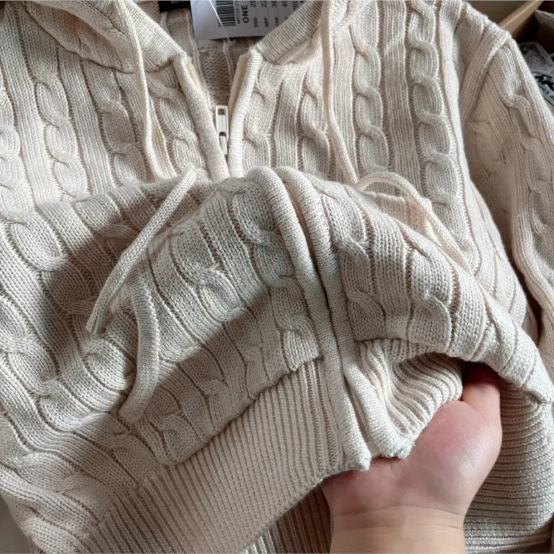 JazzHer Casual Beige Zipper Hooded Women Jackets Simple Solid Color Loose Knitting Sweatshirt Korean Chic Autumn Winter Coats New
