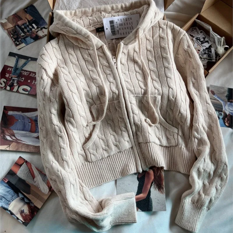 JazzHer Casual Beige Zipper Hooded Women Jackets Simple Solid Color Loose Knitting Sweatshirt Korean Chic Autumn Winter Coats New