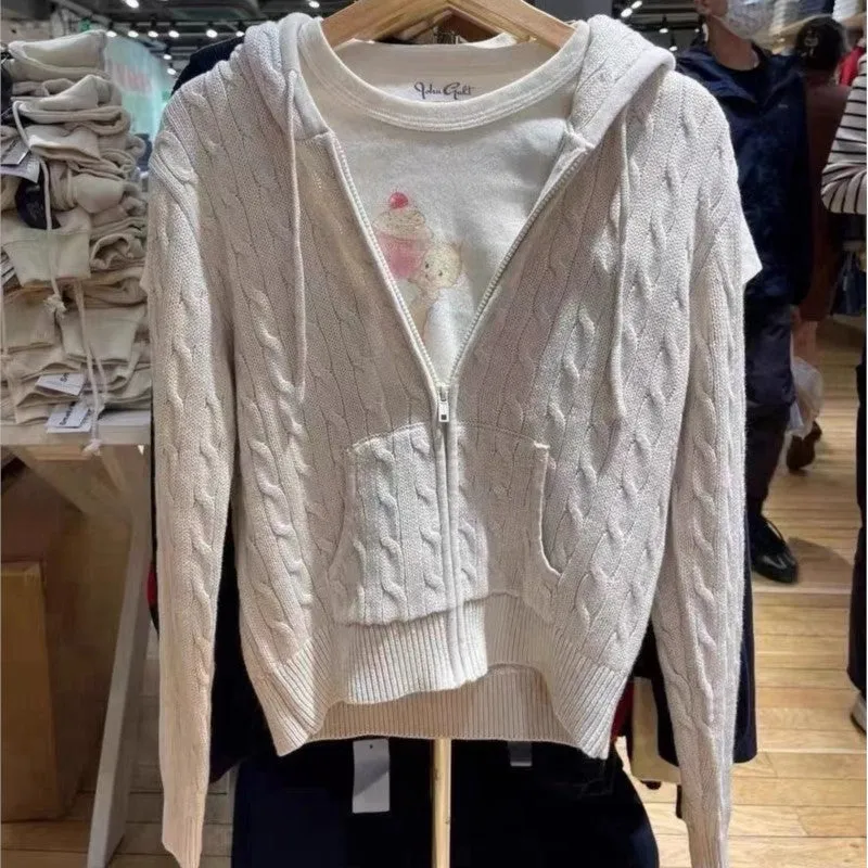 JazzHer Casual Beige Zipper Hooded Women Jackets Simple Solid Color Loose Knitting Sweatshirt Korean Chic Autumn Winter Coats New