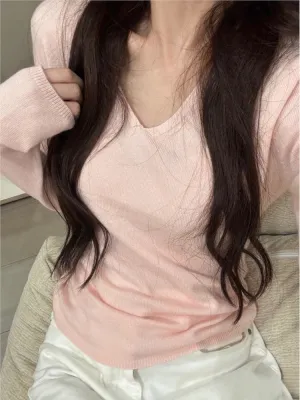 JazzHer Pink Sweet Simple Knitting Tops Woman New Autumn Spring Long Sleeve Thin Sweater V-neck Slim Chic Y2K Female Pullovers 2025