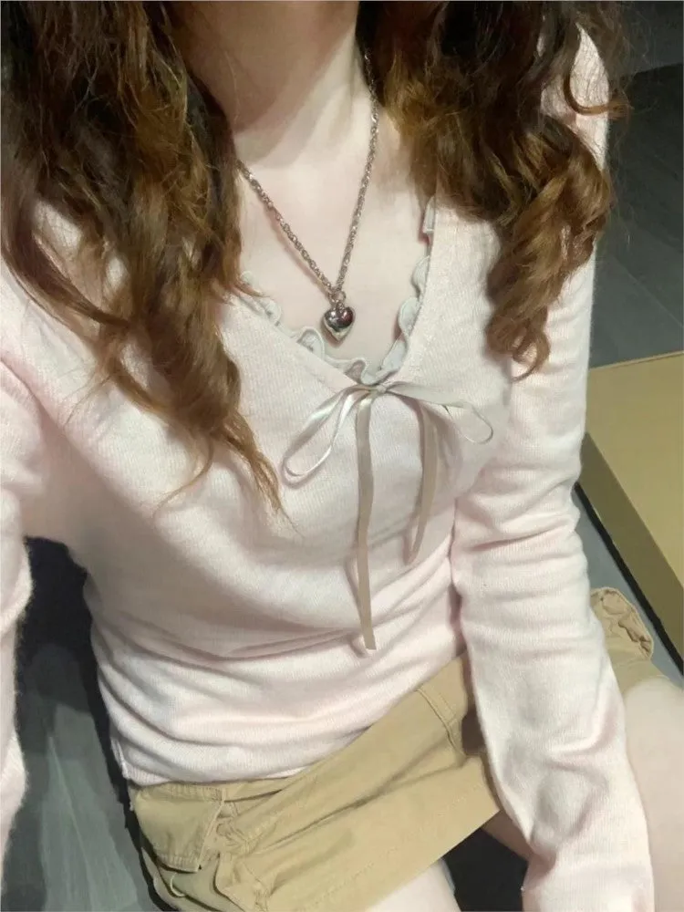 JazzHer Pink Sweet Simple Knitting Tops Woman New Autumn Spring Long Sleeve Thin Sweater V-neck Slim Chic Y2K Female Pullovers 2025