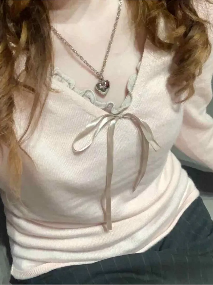 JazzHer Pink Sweet Simple Knitting Tops Woman New Autumn Spring Long Sleeve Thin Sweater V-neck Slim Chic Y2K Female Pullovers 2025