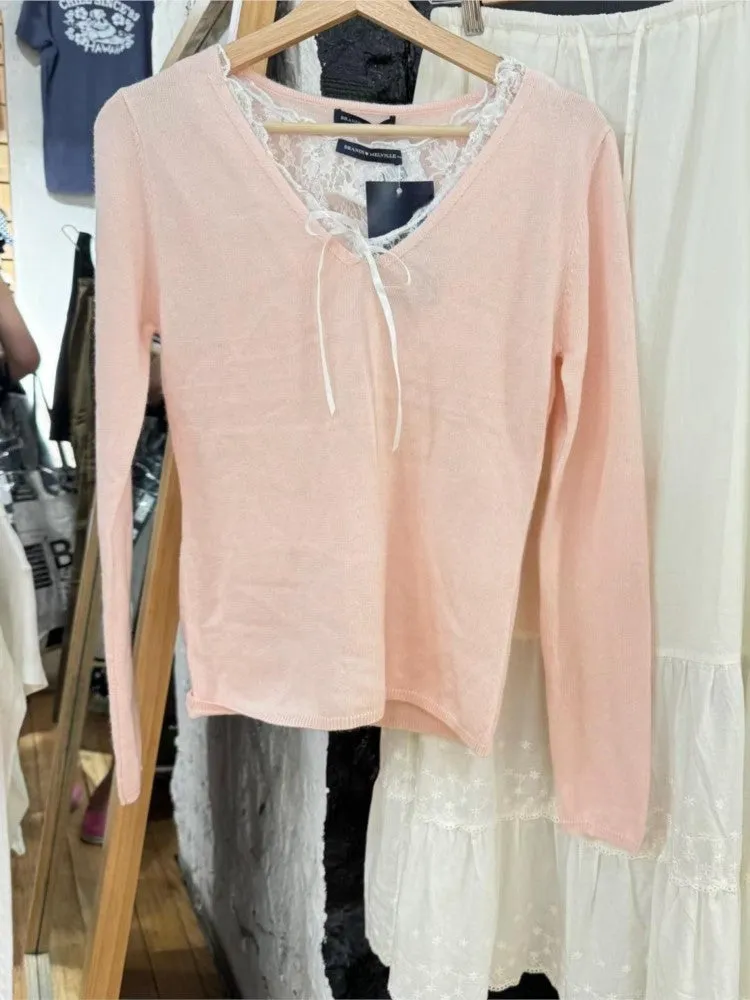 JazzHer Pink Sweet Simple Knitting Tops Woman New Autumn Spring Long Sleeve Thin Sweater V-neck Slim Chic Y2K Female Pullovers 2025