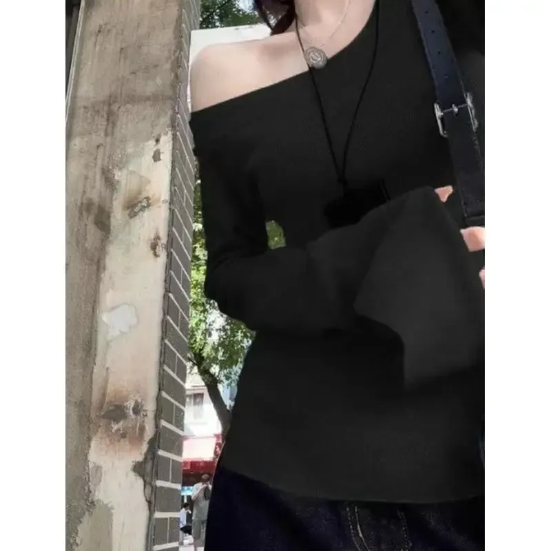 JazzHer Sexy Pullovers Women Off Shoulder Cropped Knitted Basic Clothes Autumn All-match Side Slit Simple Tender Slim Gentle chic