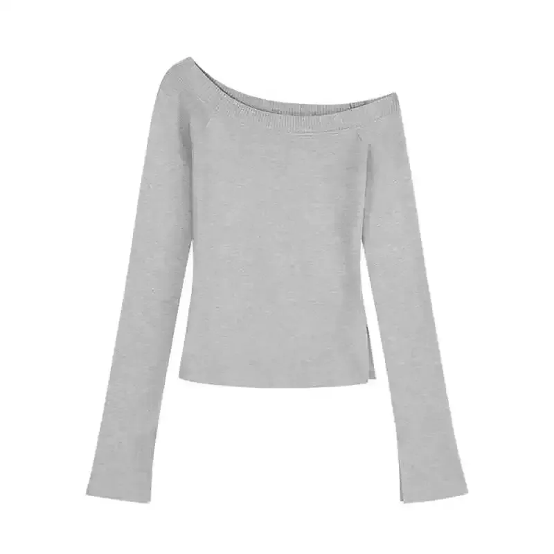 JazzHer Sexy Pullovers Women Off Shoulder Cropped Knitted Basic Clothes Autumn All-match Side Slit Simple Tender Slim Gentle chic
