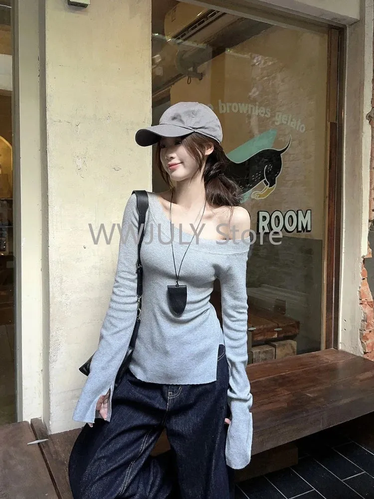 JazzHer Sexy Pullovers Women Off Shoulder Cropped Knitted Basic Clothes Autumn All-match Side Slit Simple Tender Slim Gentle chic
