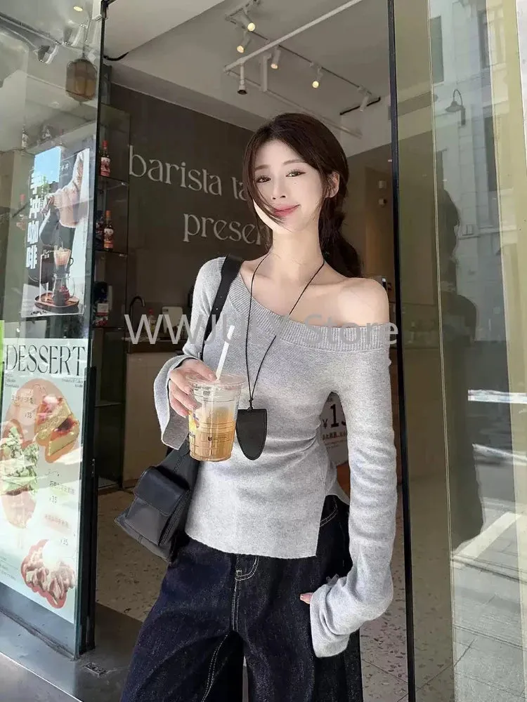 JazzHer Sexy Pullovers Women Off Shoulder Cropped Knitted Basic Clothes Autumn All-match Side Slit Simple Tender Slim Gentle chic