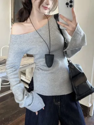 JazzHer Sexy Pullovers Women Off Shoulder Cropped Knitted Basic Clothes Autumn All-match Side Slit Simple Tender Slim Gentle chic