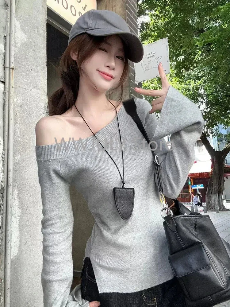 JazzHer Sexy Pullovers Women Off Shoulder Cropped Knitted Basic Clothes Autumn All-match Side Slit Simple Tender Slim Gentle chic