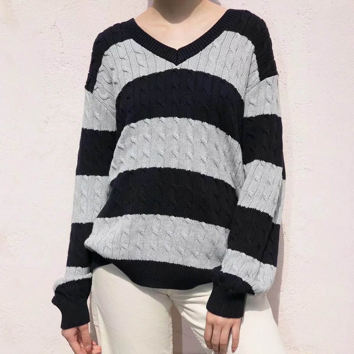 JazzHer Vintage Green Striped Knitted Sweater Women Autumn Winter V Neck Long Sleeve Oversize Pullovers Simple Casual Cotton Top Chic