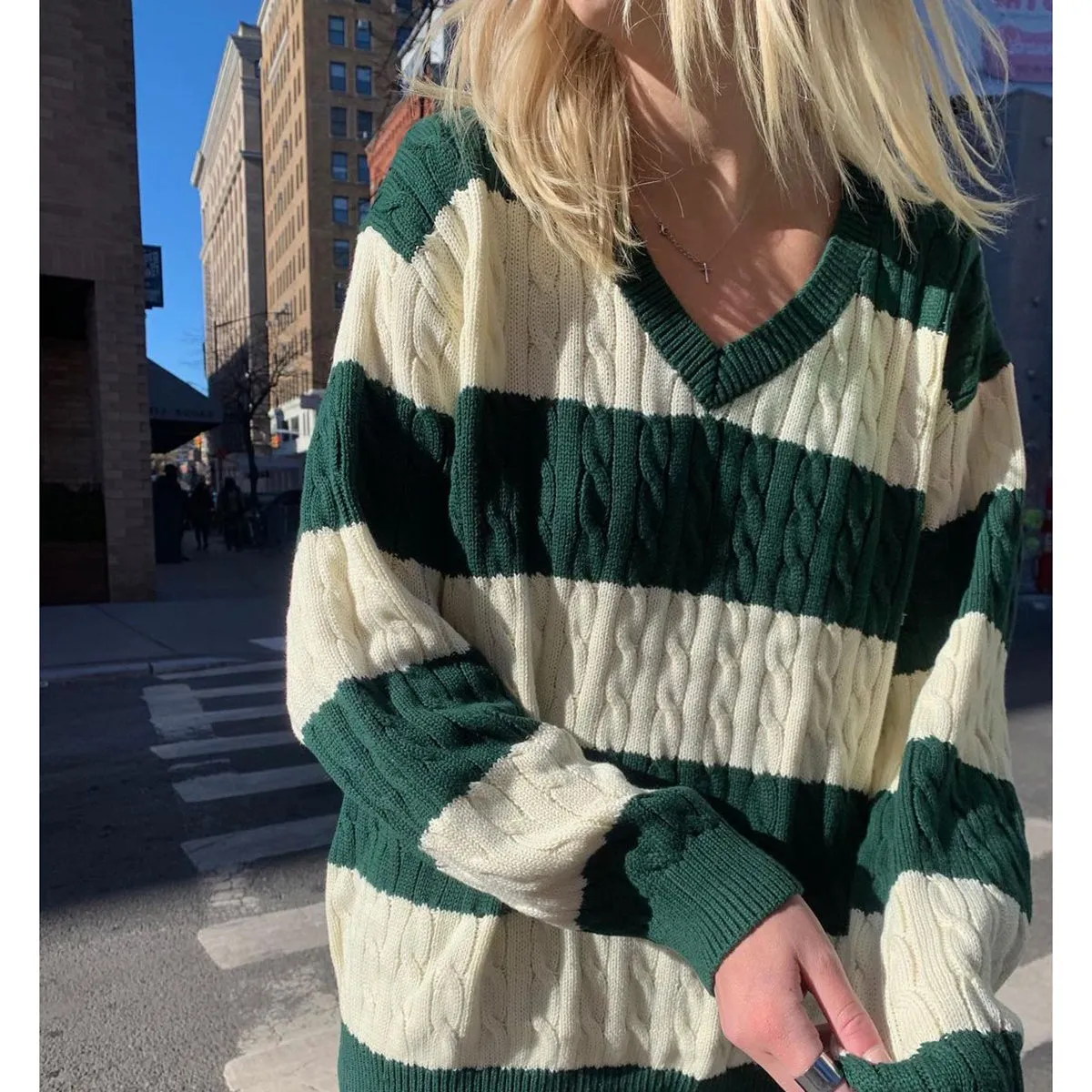 JazzHer Vintage Green Striped Knitted Sweater Women Autumn Winter V Neck Long Sleeve Oversize Pullovers Simple Casual Cotton Top Chic