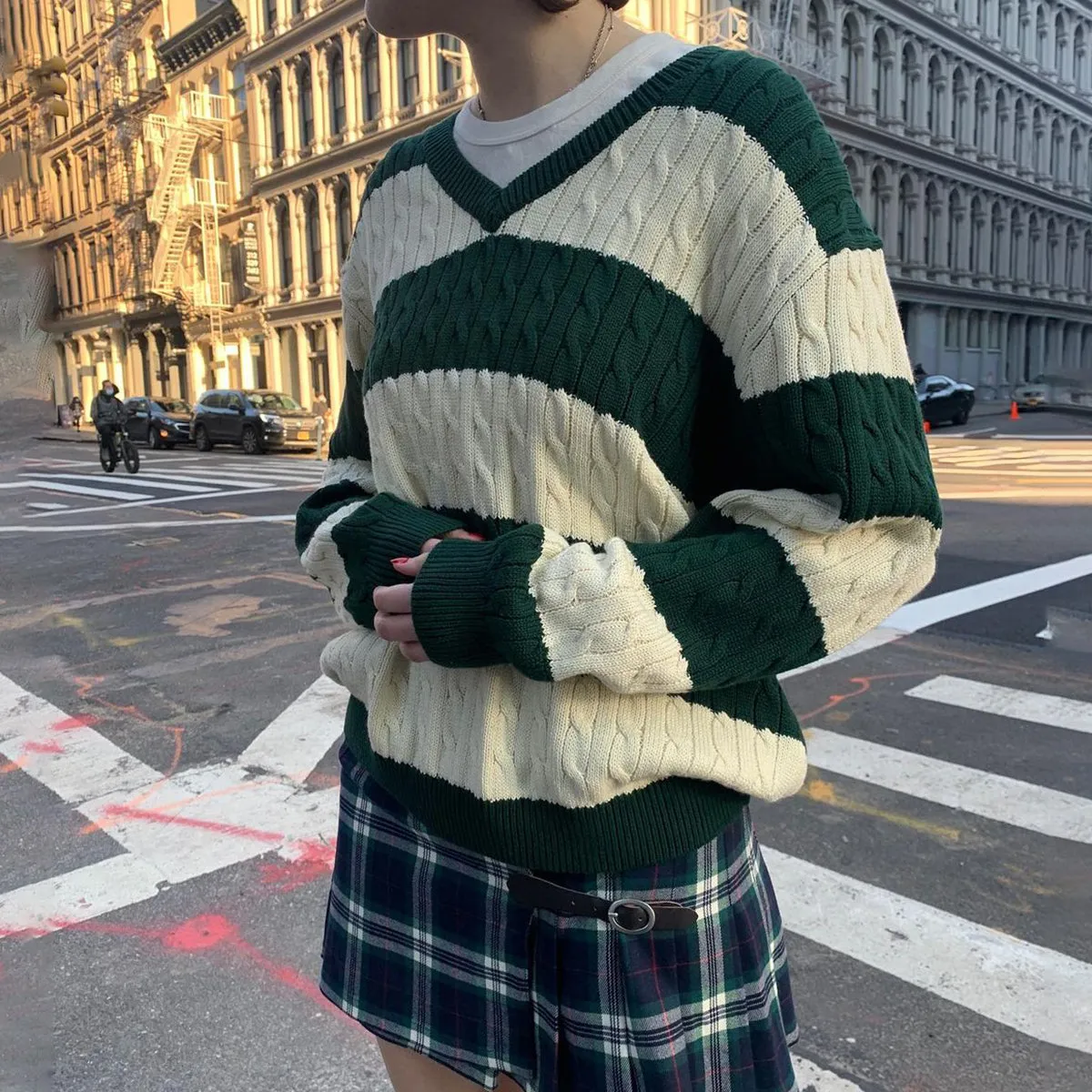 JazzHer Vintage Green Striped Knitted Sweater Women Autumn Winter V Neck Long Sleeve Oversize Pullovers Simple Casual Cotton Top Chic