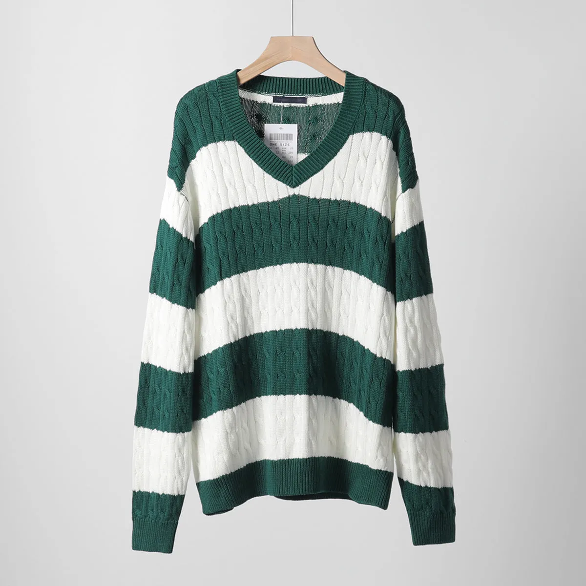 JazzHer Vintage Green Striped Knitted Sweater Women Autumn Winter V Neck Long Sleeve Oversize Pullovers Simple Casual Cotton Top Chic