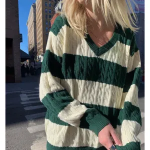 JazzHer Vintage Green Striped Knitted Sweater Women Autumn Winter V Neck Long Sleeve Oversize Pullovers Simple Casual Cotton Top Chic