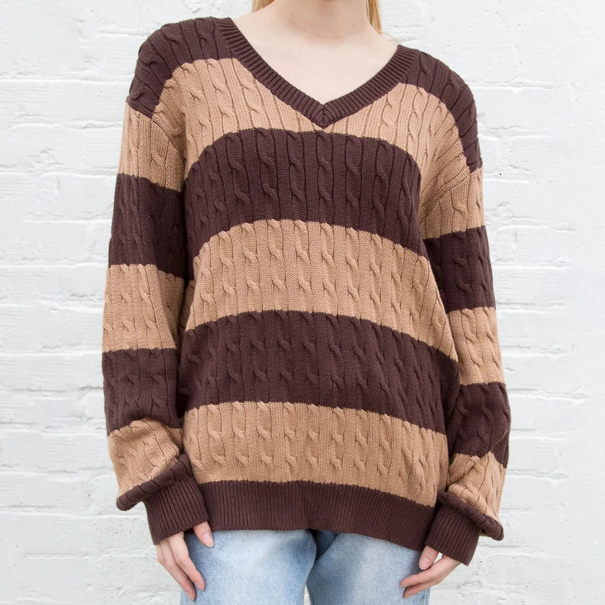 JazzHer Vintage Green Striped Knitted Sweater Women Autumn Winter V Neck Long Sleeve Oversize Pullovers Simple Casual Cotton Top Chic