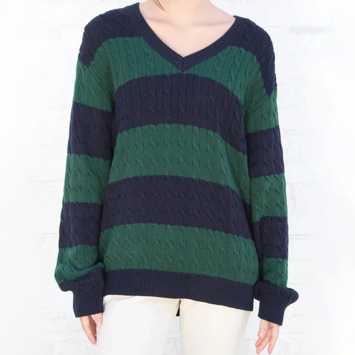 JazzHer Vintage Green Striped Knitted Sweater Women Autumn Winter V Neck Long Sleeve Oversize Pullovers Simple Casual Cotton Top Chic