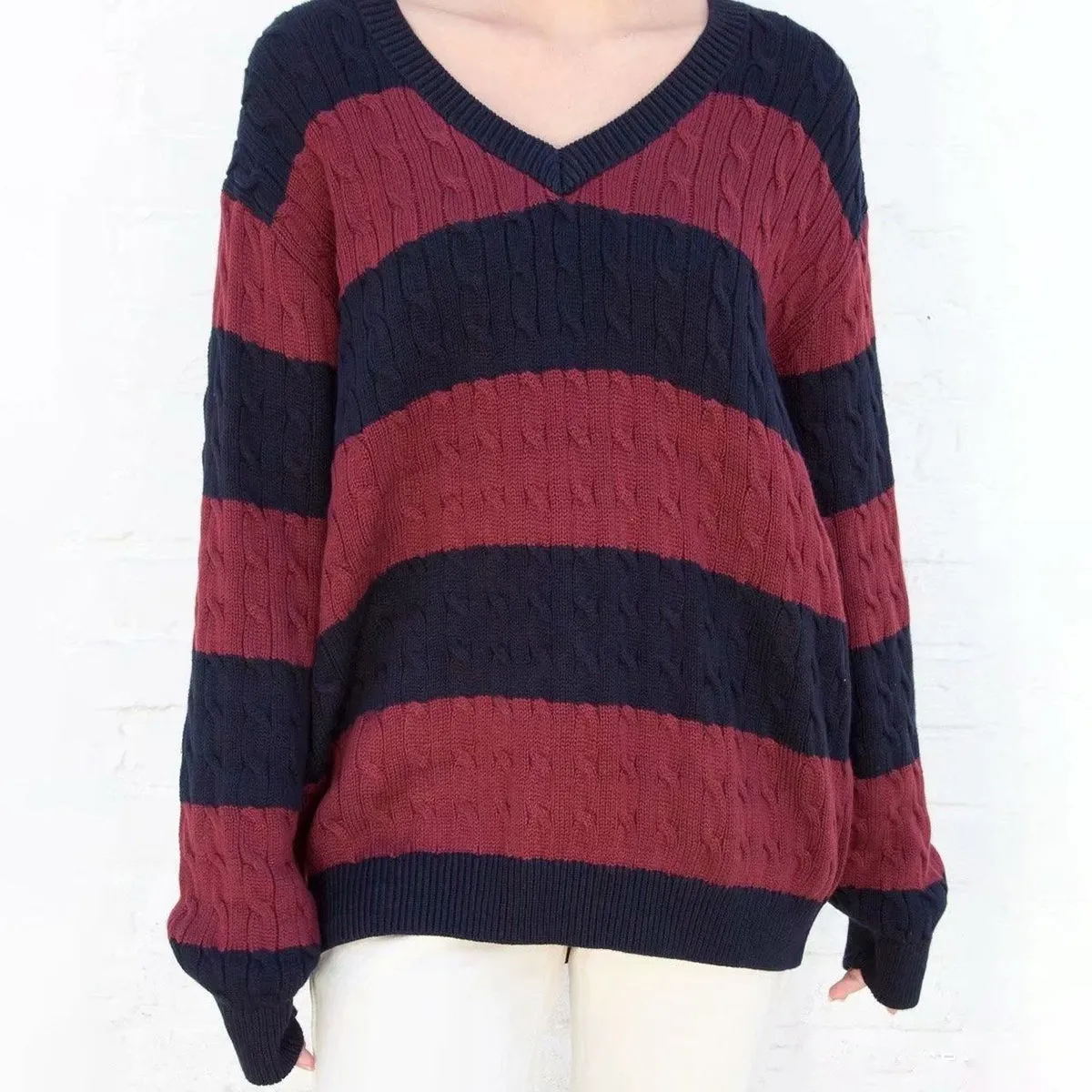 JazzHer Vintage Green Striped Knitted Sweater Women Autumn Winter V Neck Long Sleeve Oversize Pullovers Simple Casual Cotton Top Chic