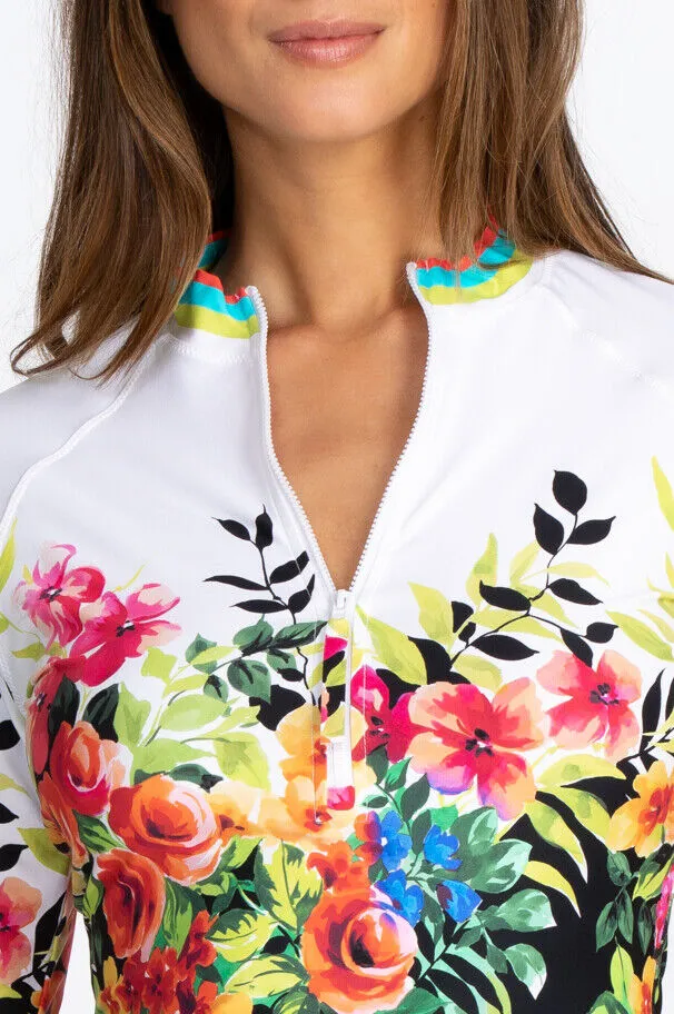 Johnny Was Floral Surf Long Sleeve Shirt Water Ocean Top Black Sea Rash Guard NEW