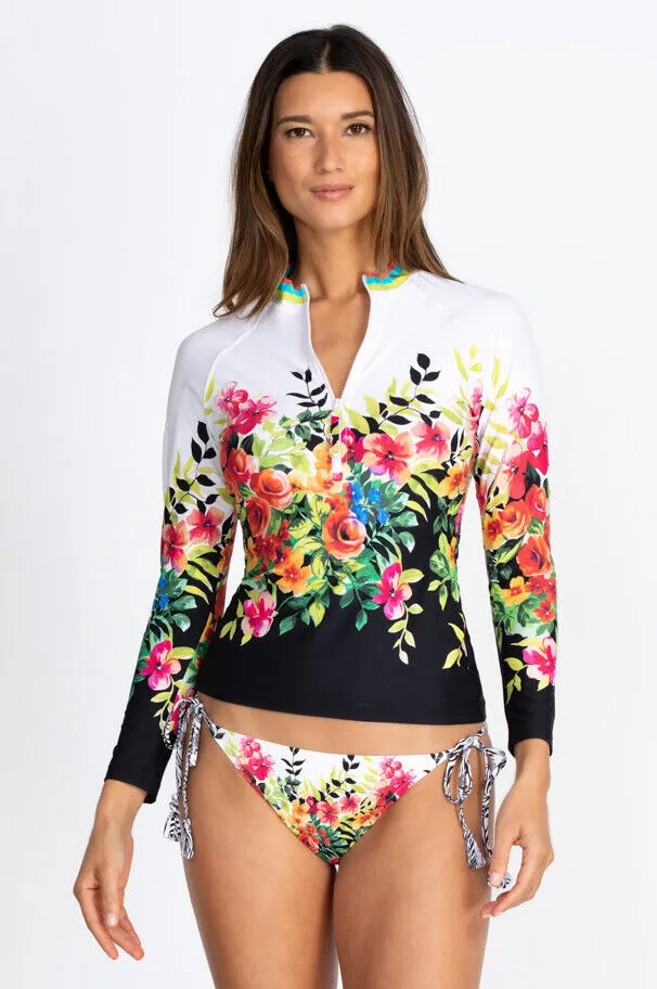 Johnny Was Floral Surf Long Sleeve Shirt Water Ocean Top Black Sea Rash Guard NEW