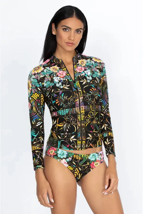 Johnny Was Swimwear Joy Surf Shirt Floral Rash Guard Black Flowers Plus Top NEW