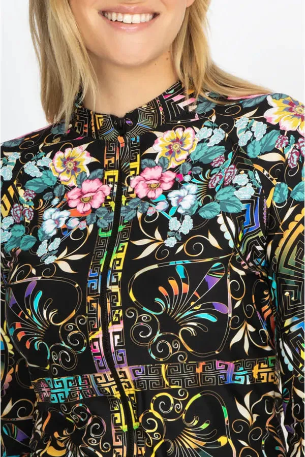 Johnny Was Swimwear Joy Surf Shirt Floral Rash Guard Black Flowers Plus Top NEW